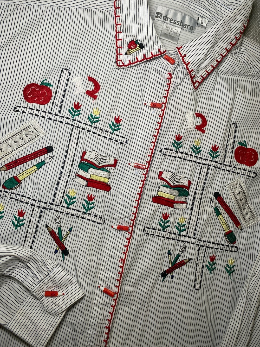 Vintage Dress Barn Teacher School Embroidered Pencil Button Up Shirt Striped L